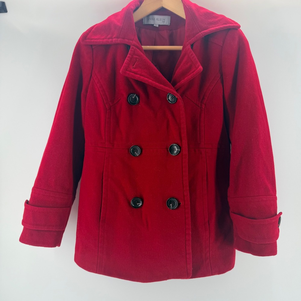 Anne Klein Red Double Breasted Pea Coat Womens Wool Blend Jacket- Medium